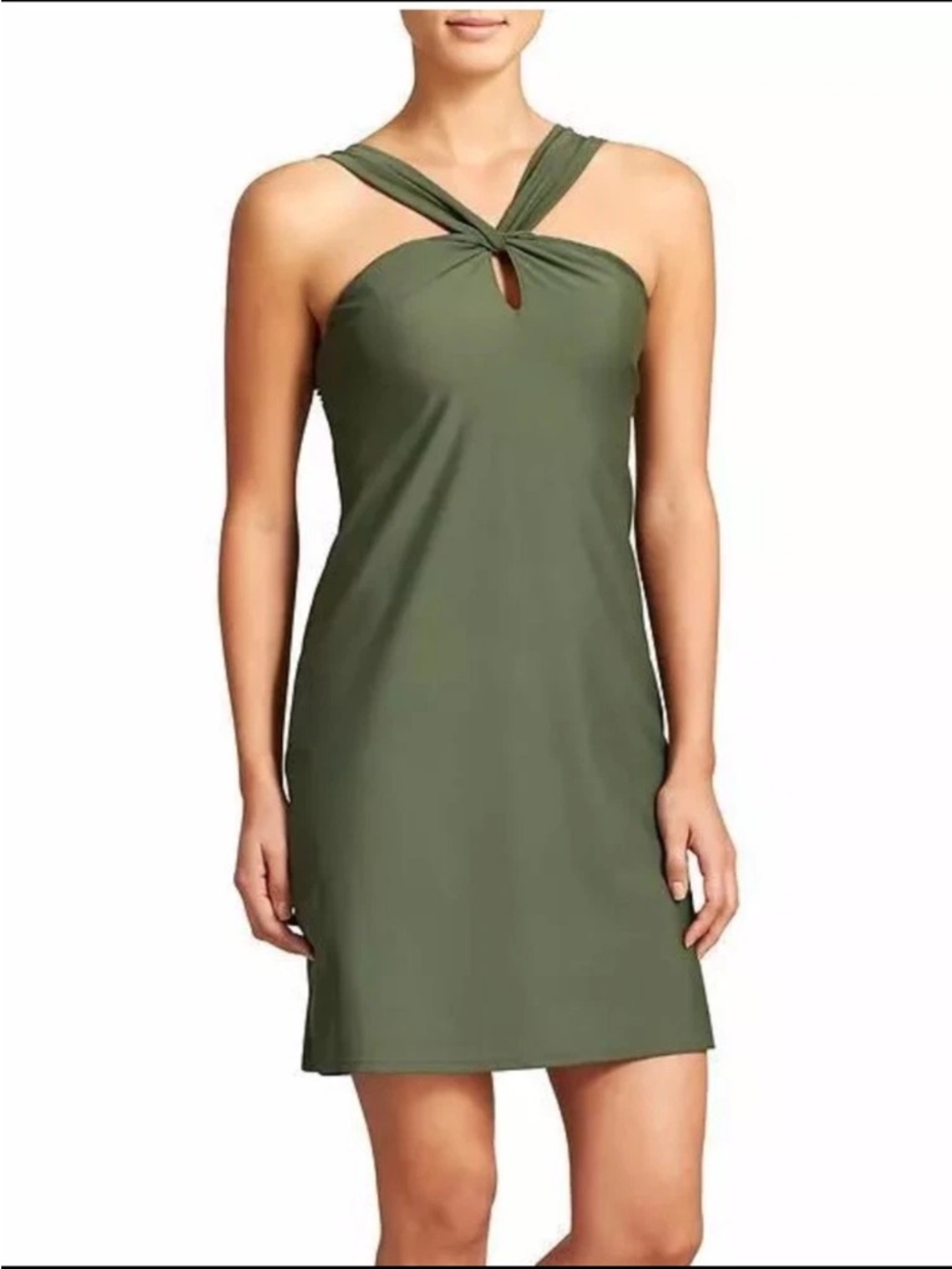 Athleta Kiki Swim Beach Dress Keyhole Halter Neck Olive Green Size Small